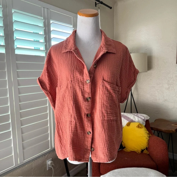 SO orange short sleeve button down top - Picture 1 of 7